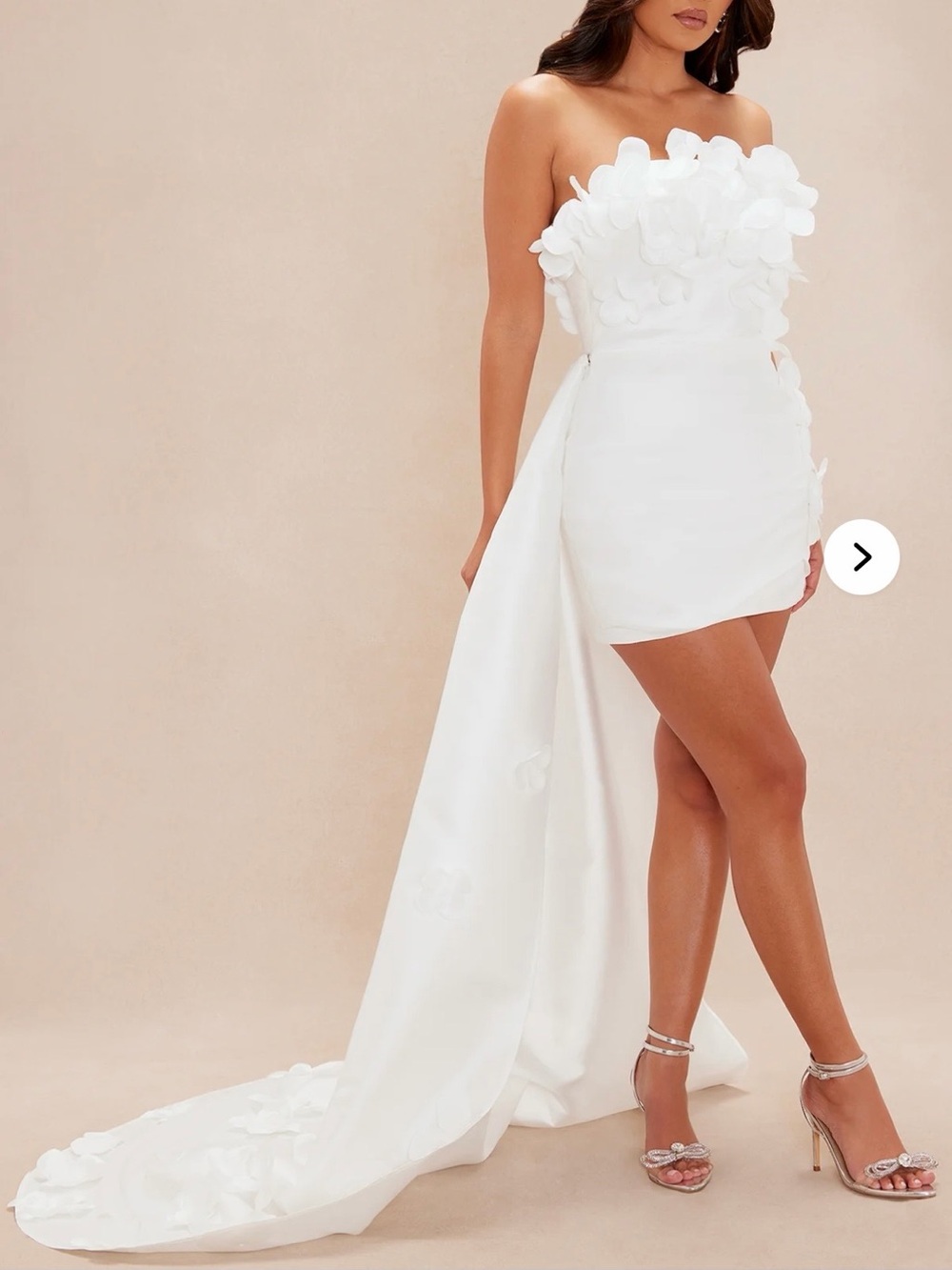 Fashion Nova White Strapless Floral Appliqué Mini Dress with Dramatic Train